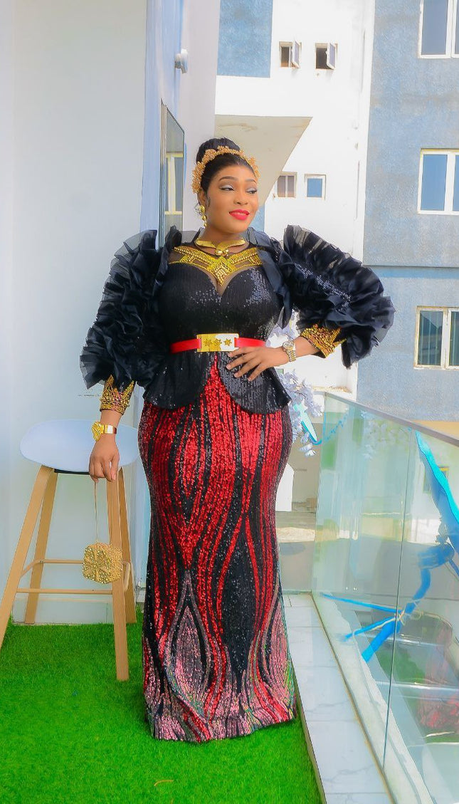 Dramatic Sleeve Ruffle Sequin Dress | Wedding Party Guest Birthday Gala Graduation Mother of The Bride