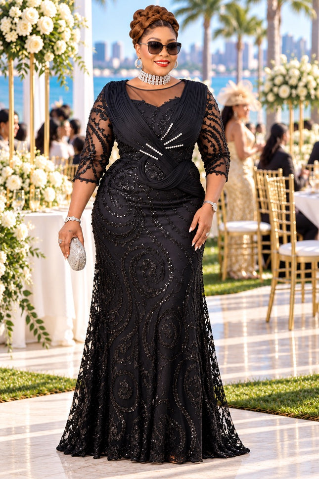 Elegant Sculptural Shoulder Beaded Embellished Maxi Dress for All Black Attire Wedding Guest Mother of The Bride Formal Evening Gown