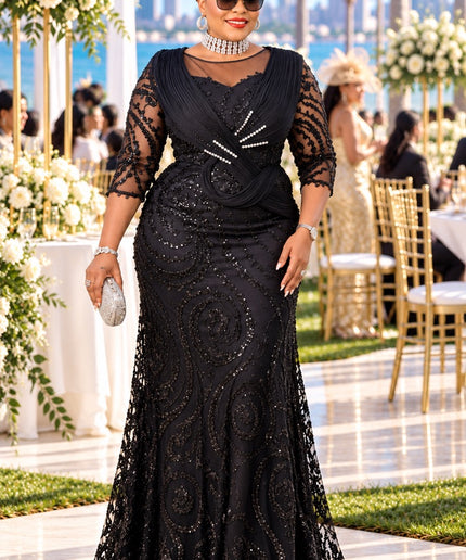 Elegant Sculptural Shoulder Beaded Embellished Maxi Dress for All Black Attire Wedding Guest Mother of The Bride Formal Evening Gown