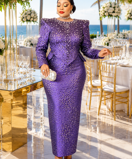Luxury Magenta Brocade Beaded Peplum Power Shoulder Top & Skirt Outfit for Party Celebrant Birthday Cocktail Reception Wedding Church Mother The Bride