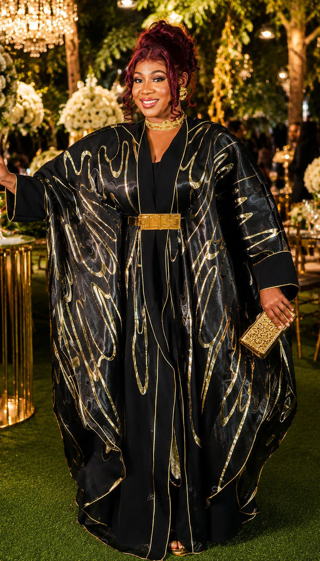 Fabulous Black & Gold Brocade Kaftan Maxi Dress, African Bubu Wedding Guest Attire Mother of The Groom Birthday Party 2-Piece Outfit