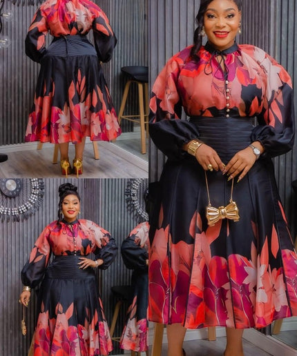 Gold Floral Top & Skirt Pleated Matching 2 Piece Set for Wedding Guest Birthday Cocktail Dinner