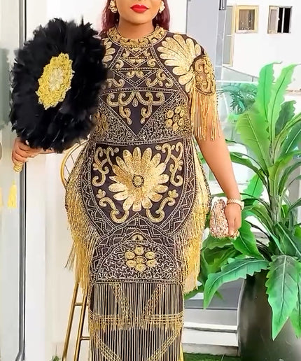 Metallic Gold Crystal-Embellished Evening Gown | Birthday Gala Wedding