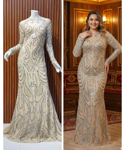 Sparkly Green Embellished Long Sleeve Evening Gown for Wedding Guest Prom Mother of The Bride Photoshoot Birthday Dinner