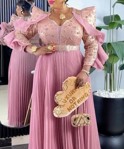 Pink Embellished Ruffle Long Sleeve Pleated Maxi Dress