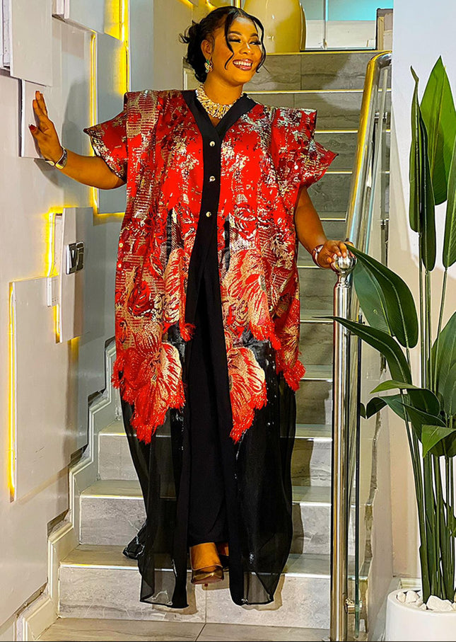 Elegant Red Kaftan Dress 2-Piece Set, Mikado Metallic Brocade Bubu Wedding Guest Attire Engagement Ceremony Birthday Party Cocktail Anniversary Photoshoot Plus Size