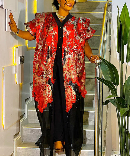 Elegant Red Kaftan Dress 2-Piece Set, Mikado Metallic Brocade Bubu Wedding Guest Attire Engagement Ceremony Birthday Party Cocktail Anniversary Photoshoot Plus Size