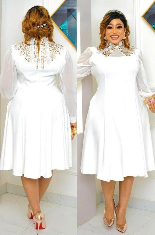 White Rhinestone-Neckline Embellished Twirl Skater Dress: Wedding Guest Outfit Birthday Cocktail Dinner Party