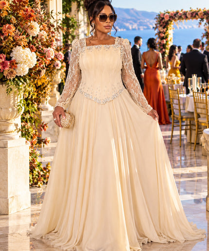 "Ready For The Spotlight" Beige Crystal-Embellished Mother of The Bride A-Line Dress Wedding Guest Celebrant Birthday Holiday Cocktail Reception Party Floor-Length Formal Evening Gown Plus Size