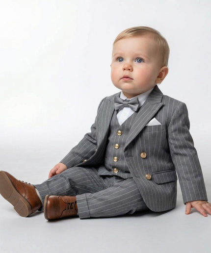 Boys' Pinstripe Slim Fit 5-Piece Suit Set: Wedding Ring Bearer Baptism Graduation Birthday Party Photoshoot