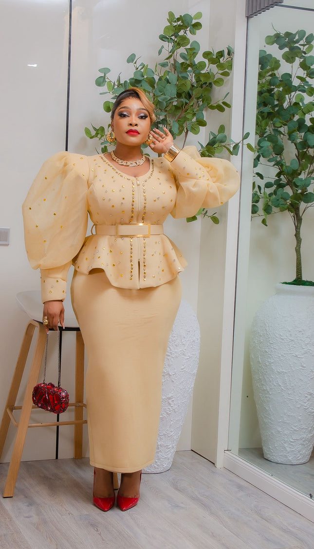 Gold Puff Sleeve Embellished Peplum Top and Skirt - Wedding Guest Birthday Dinner Mother of The Bride