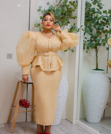 Gold Puff Sleeve Embellished Peplum Top and Skirt - Wedding Guest Birthday Dinner Mother of The Bride