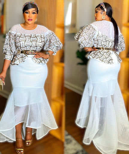 Navy Puff Sleeve Embellished Peplum Ruffled Dress for Birthday Dinner Party Cocktail Reception