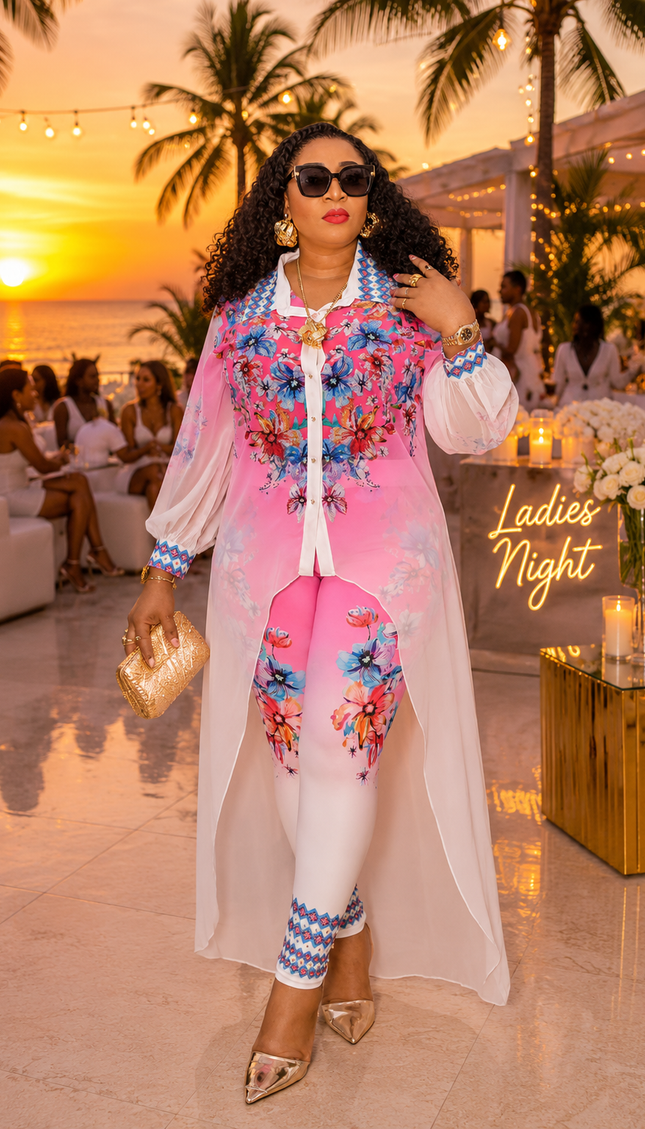 Luxury Pink Floral Rhinestone Embellished Chiffon Duster 2-Piece Legging Set for Party Cocktail Birthday Dinner Reception Turkey Womenswear