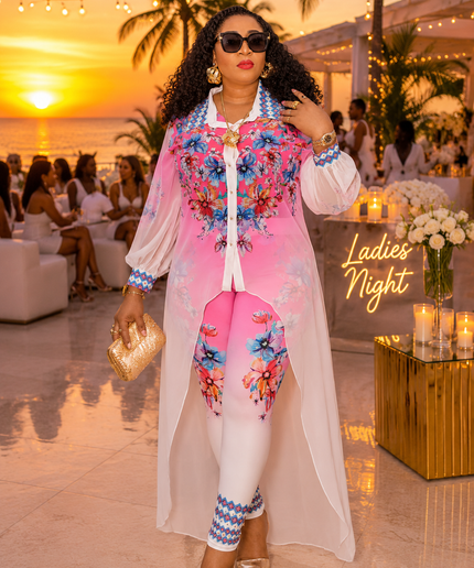 Luxury Pink Floral Rhinestone Embellished Chiffon Duster 2-Piece Legging Set for Party Cocktail Birthday Dinner Reception Turkey Womenswear