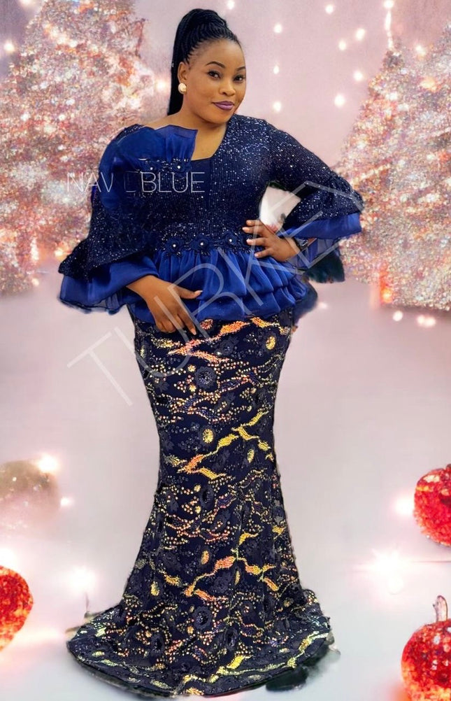 Navy Blue Sequin Ruffle Peplum Mermaid Dress Plus Size Mother of The Bride Wedding Guest Outfit Birthday Party
