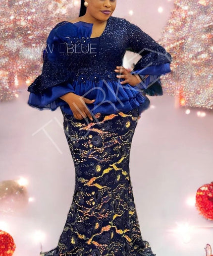 Navy Blue Sequin Ruffle Peplum Mermaid Dress Plus Size Mother of The Bride Wedding Guest Outfit Birthday Party