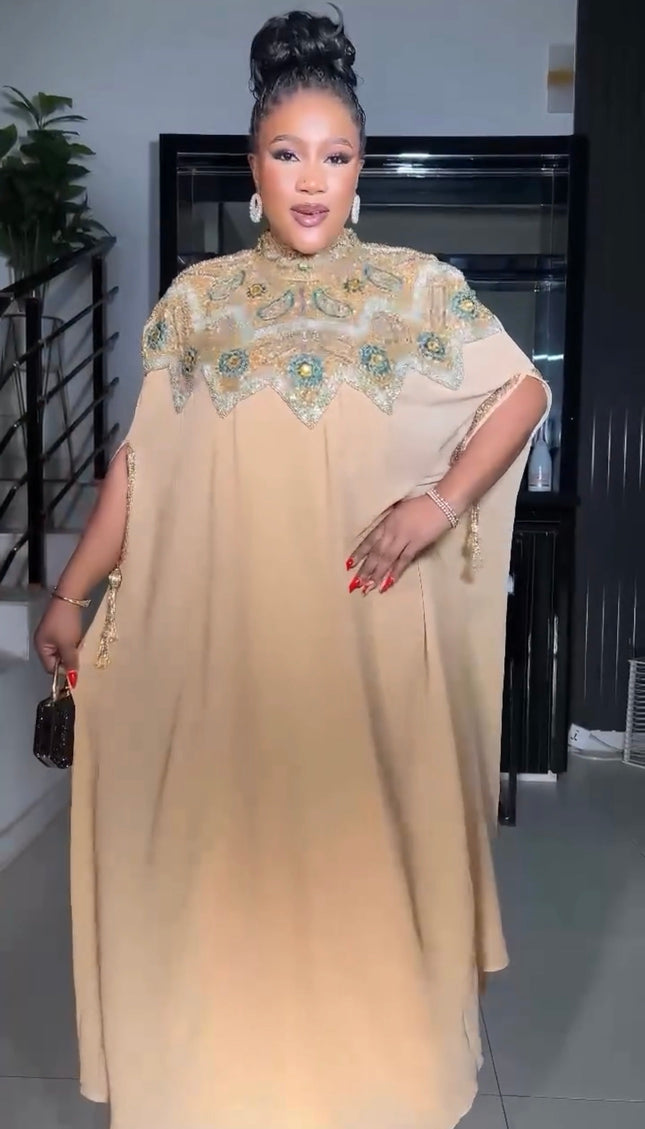 Beaded Embroidery Gold Kaftan with Sleeve Tassels | Women's Party Maxi Dress Engagement Wedding Guest