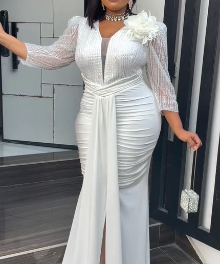 White Embellished Ruched Draped Maxi Dress for Engagement Ceremony Wedding Guest Anniversary Dinner Cocktail Photoshoot