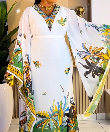 White Crystal-Embellished Bell Sleeve Kaftan Maxi Dress for Party Cocktail Mother of The Bride Wedding Guest Graduation Outfit