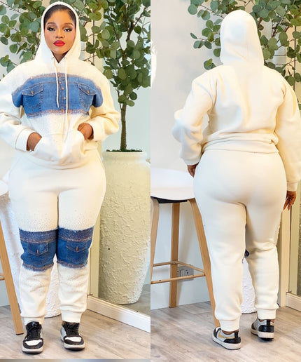 Pink Rhinestone Denim-Embellished 2-Piece Jogger Set for Women