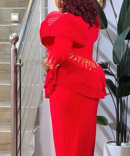 Red Embellished Ruffle Peplum Rhinestone Maxi Dress for Wedding Guest Birthday Party Cocktail Dinner Mother of The Bride