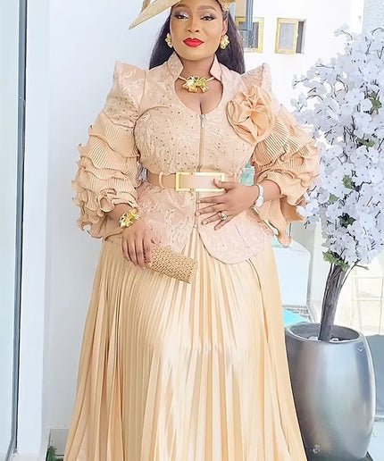 Ruffle Sleeve Pleated A-Line Gown | Mother of The Bride Wedding Guest Birthday Party