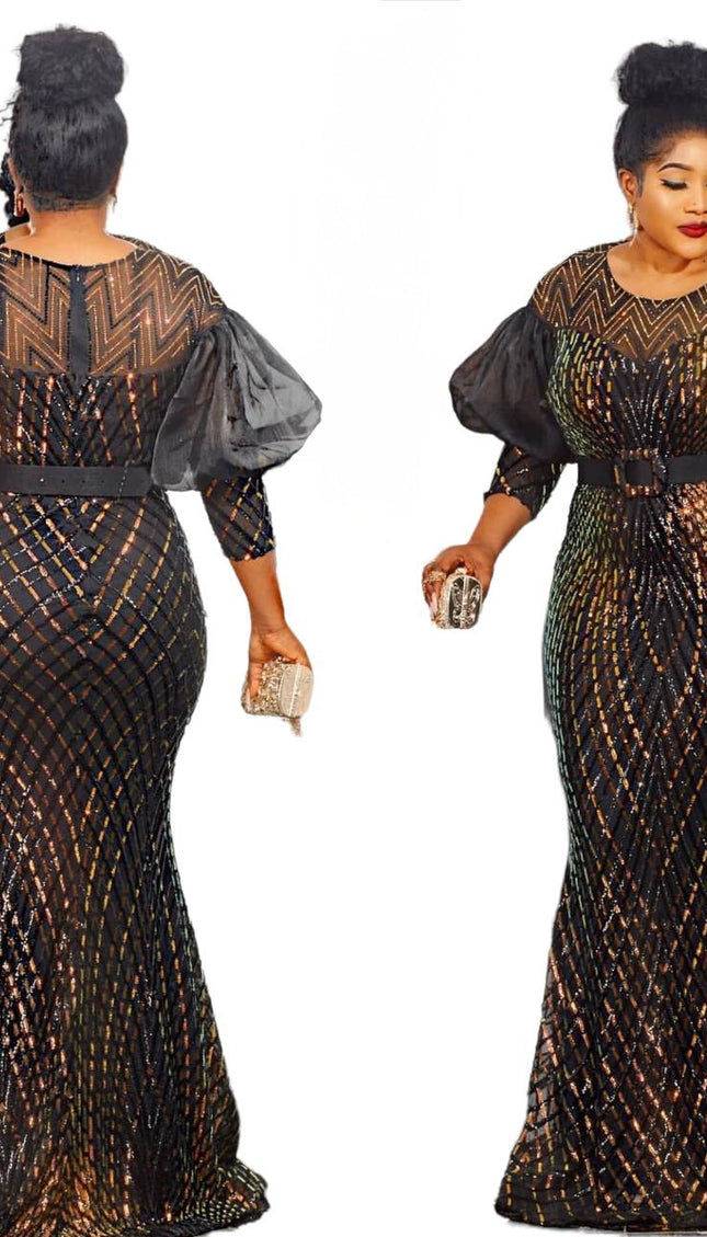 Sparkly Iridescent Sequin Mother of The Bride Mermaid Gown, Bishop Sleeve Wedding Guest Dress