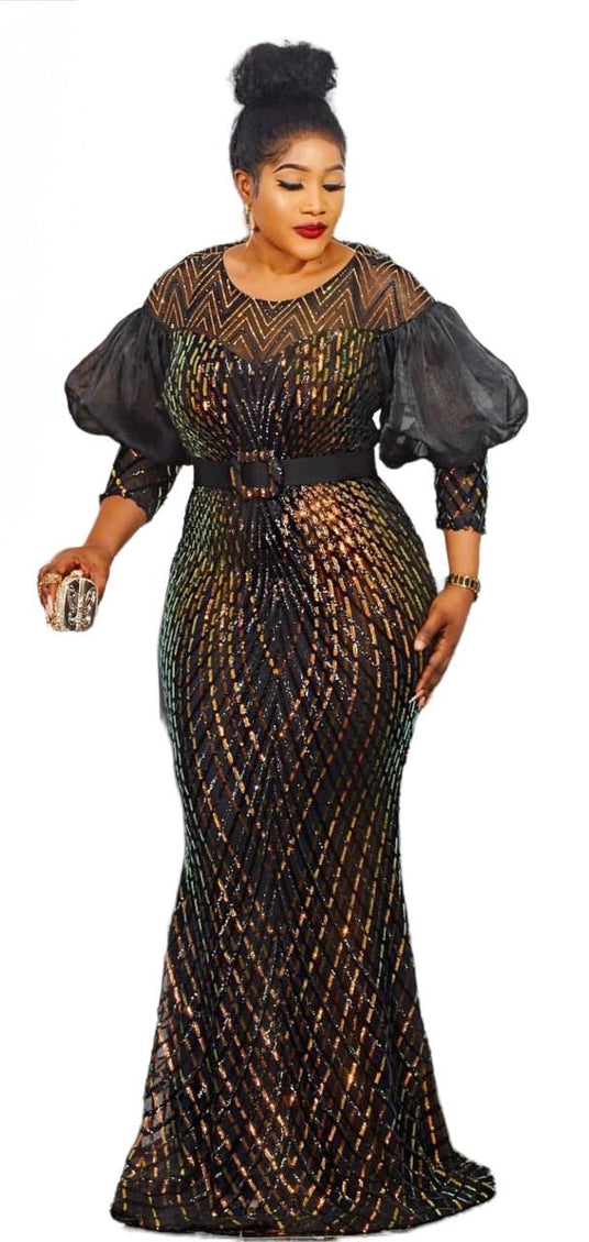 Sparkly Iridescent Sequin Mother of The Bride Mermaid Gown, Bishop Sleeve Wedding Guest Dress
