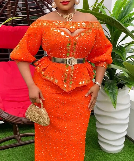 Orange Off-The-Shoulder Embellished Peplum Top & Skirt 2 Piece Set for Wedding Guest Mother of The Bride Birthday Party Gala Cocktail Anniversary
