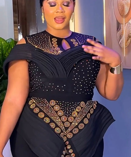 Dramatic Shoulder Embellished Peplum Maxi Dress: Wedding Guest Attire Mother of The Bride Graduation Party