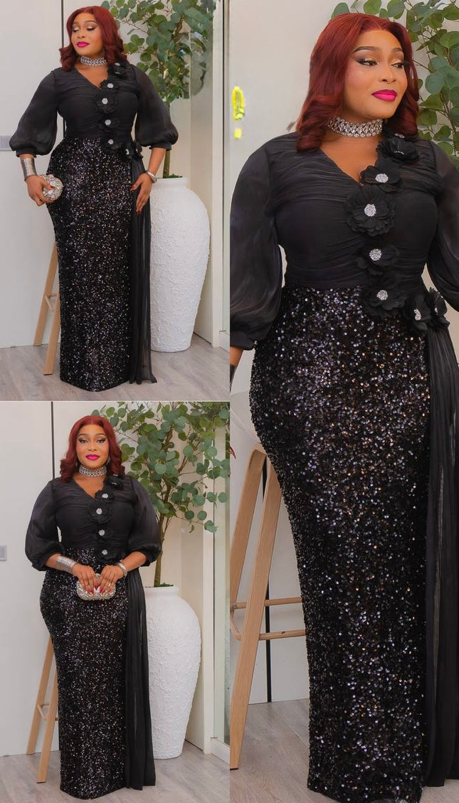 Black Sequin Embellished Draped Maxi Dress: Wedding Mother of The Bride Cocktail Birthday Party