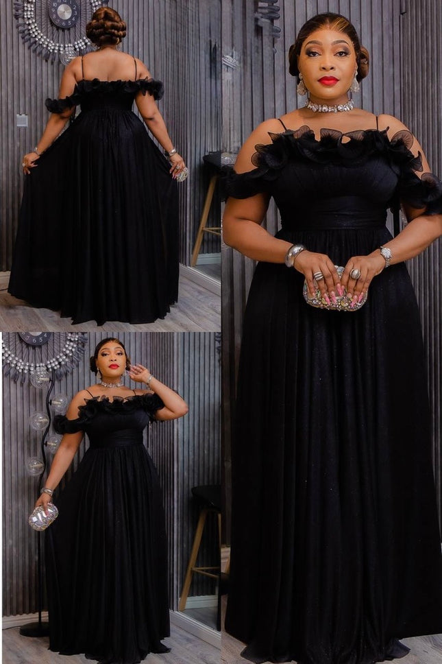 Black Off-The-Shoulder Ruffle Sleeve Maxi Dress