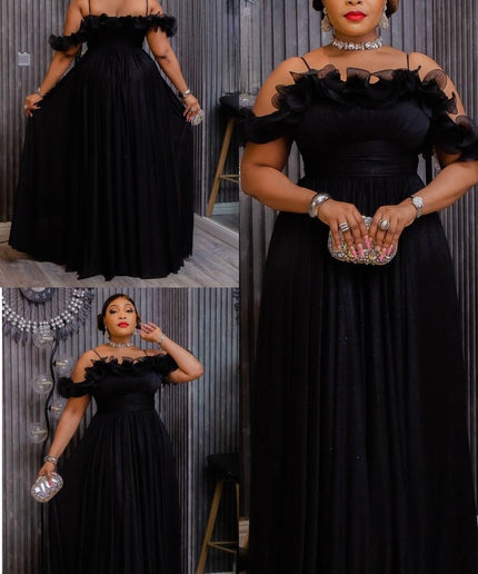 Black Off-The-Shoulder Ruffle Sleeve Maxi Dress