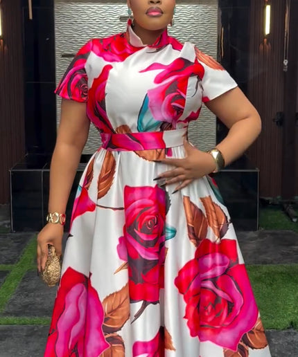 Pink Floral Skater Midi A-Line Dress for Cocktail Party Birthday Wedding Guest Dinner Reception Photoshoot