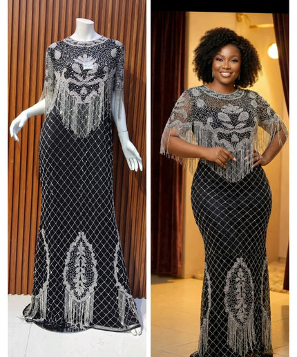 Plus Size White Crystal-Fringe Embellished Evening Gown for Mother of The Bride Photoshoot Birthday Dinner Wedding Guest
