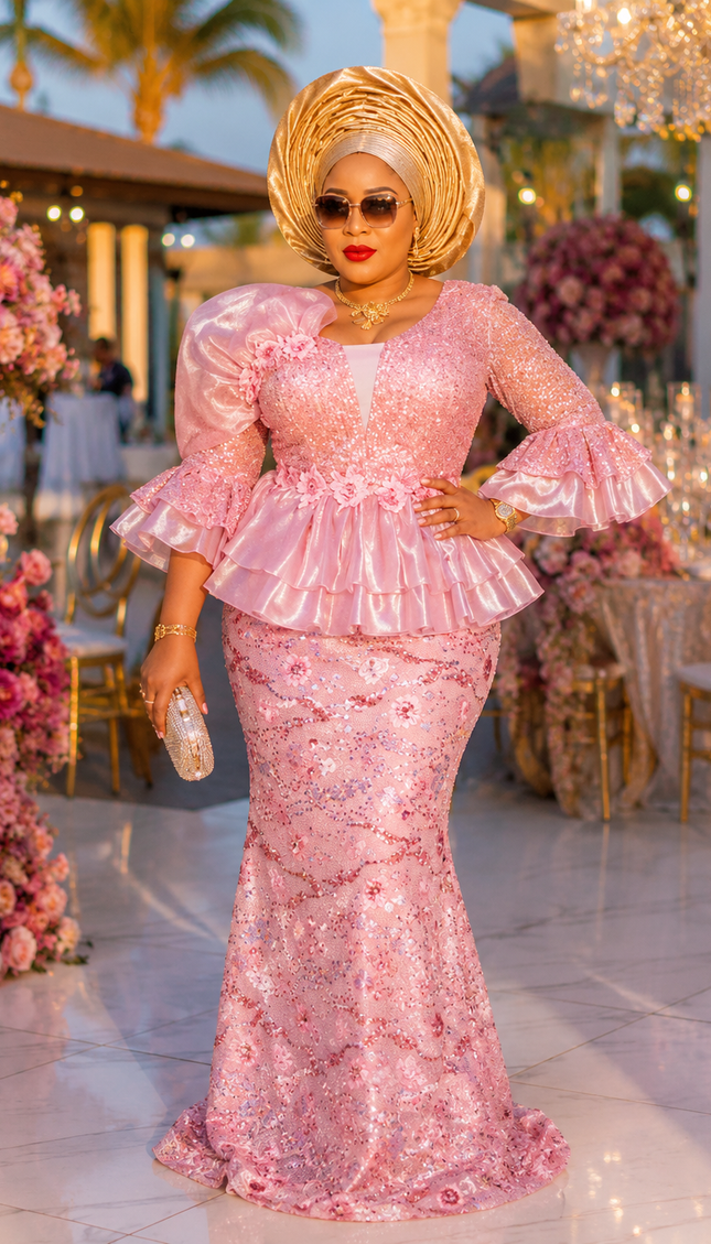 Pretty in Pink Sequin Peplum Ruffle Maxi Dress for Mother of The Bride Wedding Guest Birthday Party Outfit Plus Size