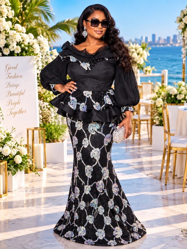 All Black Attire Formal Evening Wear Wedding Guest Dress Elegant Sequin Floral Peplum Mermaid Gown for Birthday Cocktail Reception