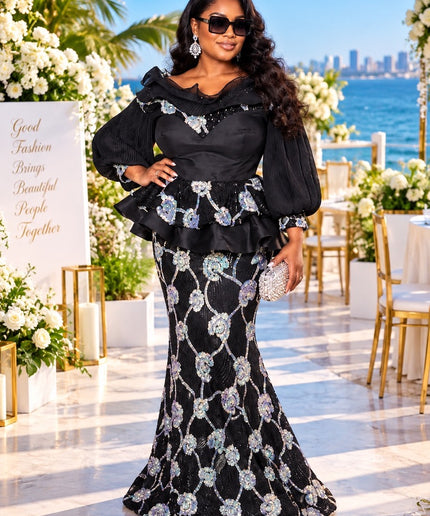 All Black Attire Formal Evening Wear Wedding Guest Dress Elegant Sequin Floral Peplum Mermaid Gown for Birthday Cocktail Reception