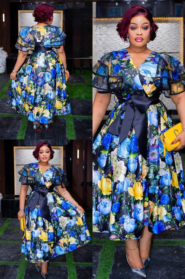 Yellow Ruffle Sleeve Floral Midi Dress - Wedding Guest Graduation Dinner Birthday Photoshoot