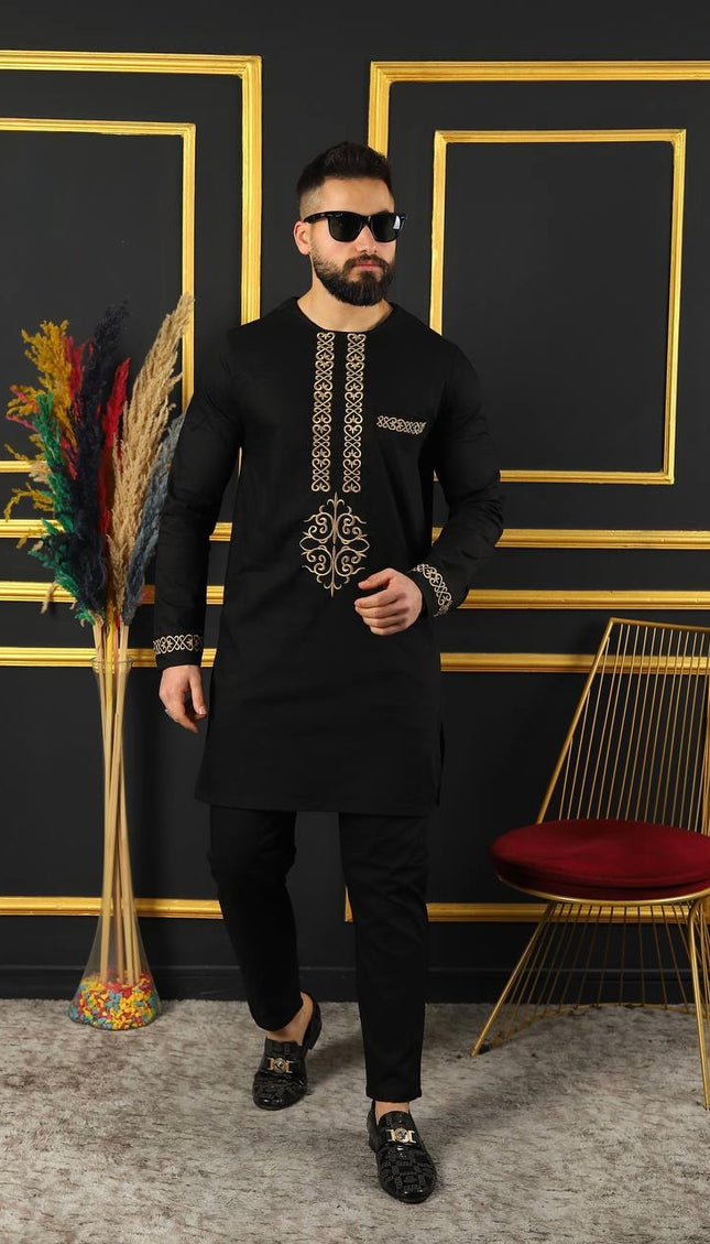 Luxury African Men’s 2 Piece Outfit, Embroidered Cotton Shirt & Pants: Wedding Attire Birthday Party Graduation