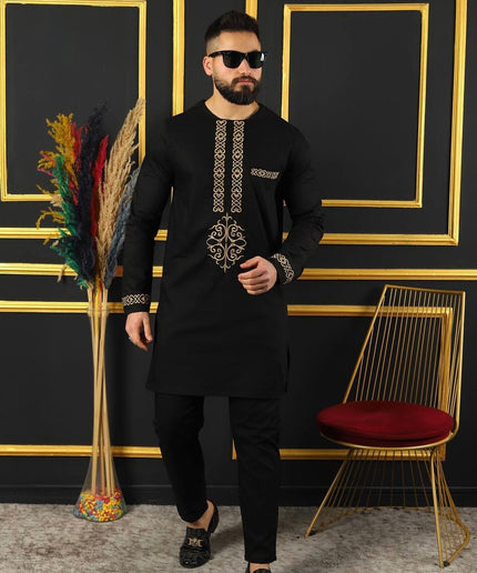 Luxury African Men’s 2 Piece Outfit, Embroidered Cotton Shirt & Pants: Wedding Attire Birthday Party Graduation