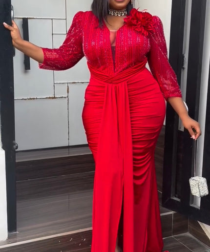 White Embellished 3D Flower Ruched Draped Maxi Dress for Engagement Ceremony Wedding Guest Anniversary Dinner Cocktail Photoshoot