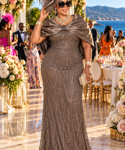 "Church To Cocktail" Beige Beaded Embellished Bow-Knot Capelet Mermaid Evening Dress for Mother of The Groom Wedding Guest Cocktail Reception Plus Size