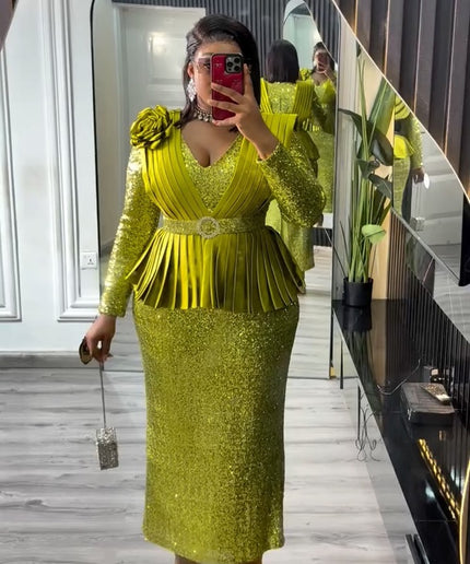 Sequin Pleated Peplum Maxi Dress | Women's Plus Size Evening Wear Wedding Guest Party Birthday
