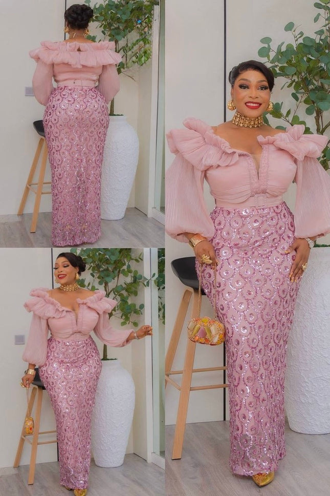 Off-The-Shoulder Sequin Bishop Sleeve Party Dress: Wedding Birthday Cocktail Gala