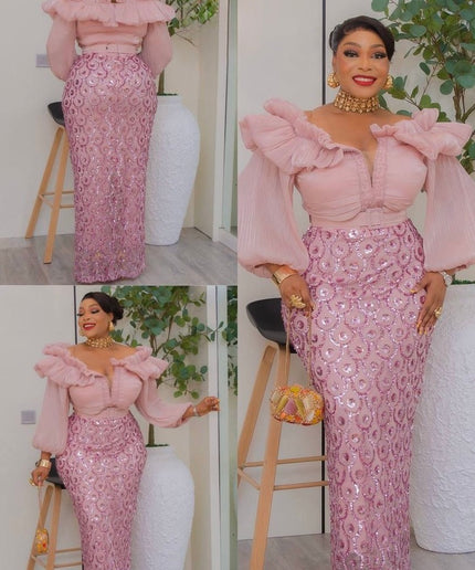 Off-The-Shoulder Sequin Bishop Sleeve Party Dress: Wedding Birthday Cocktail Gala