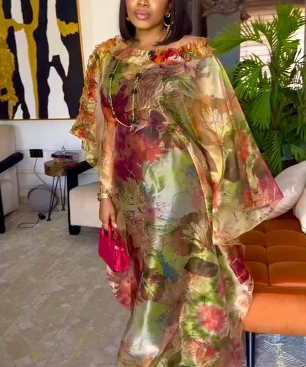 Gold One-Shoulder Floral Organza Kaftan Dress 2-Piece Set for Wedding Outfit Cocktail Birthday Dinner Party