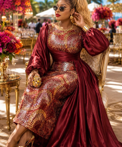 Luxury White & Gold Sequin Draped Maxi Dress for Mother of The Bride Wedding Guest Cocktail Reception Birthday Party