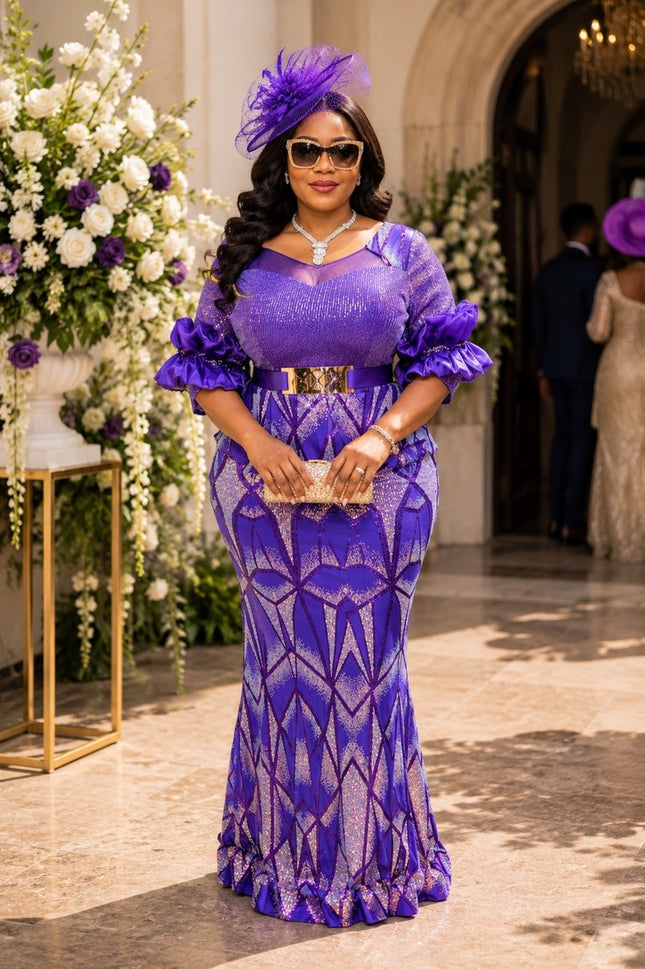 Fabulous Purple Sequin Ruffle Maxi Dress for Wedding Guest Mother of The Bride Cocktail Reception Celebrant Birthday Party Outfit Formal Evening Gown